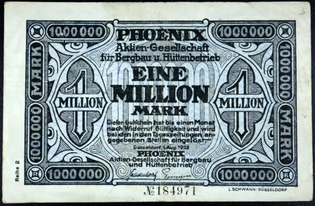 DÜSSELDORF 1923 "Phoenix Mining Co." 1 Million Mark Inflation Notgeld Banknote