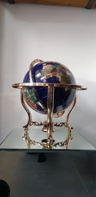 Semi-precious gemstone globe, gold stand/compass, fully rotating, H- 50cm, W-46