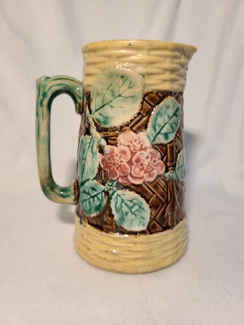 Vintage Majolica Sweet Rose w Twig Handled Pitcher /Old Art Pottery