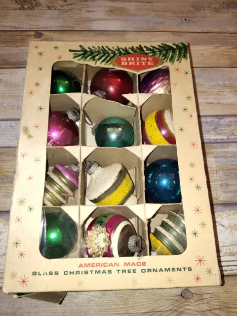 SHINY BRITE AMERICAN MADE GLASS CHRISTMAS TREE ORNAMENTS VINTAGE - Original Box