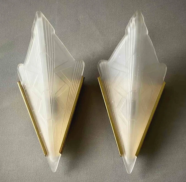 Vtg Pair Sarsaparilla Art Deco Design Wall Sconces with Frosted Glass Shades