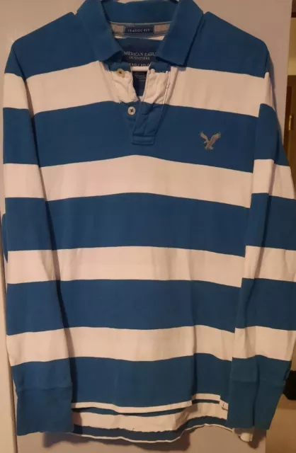 Vtg American Eagle Long Sleeve Rugby Shirt teal Blue White Stripe Polo M
