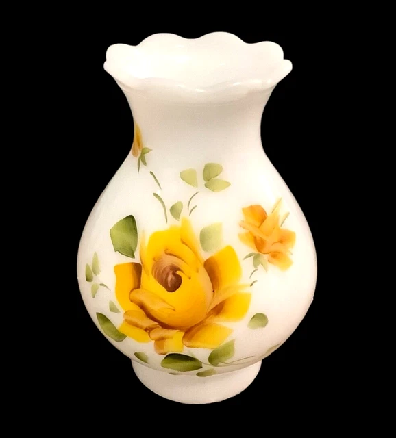 Vintage Milk Glass Hand Painted Lamp Shade Hurricane Chimney Yellow Roses 7" H