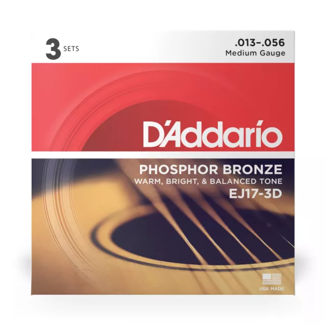 D'addario 3 Sets EJ17 Medium Acoustic Guitar Strings EJ 17 3D Pack 13-56