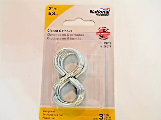 National Hardware N121-277 V2072 2-1/8" Closed S Hooks (3 pcs) Zinc Plated Steel