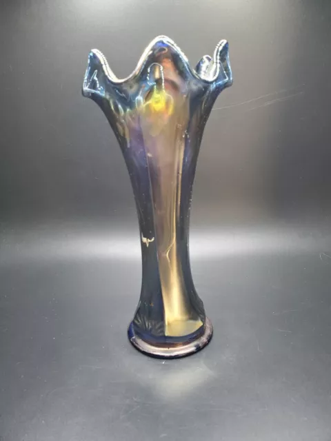 Vintage Cobalt Iridescent Carnival Glass Vase 7.5" Tall With Embossed Pattern
