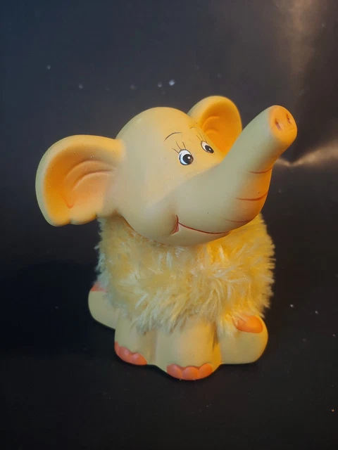 Vtg Elephant Ceramic Yellow Faux Fur Figurine Trunk Up Wooly Mammoth Animals