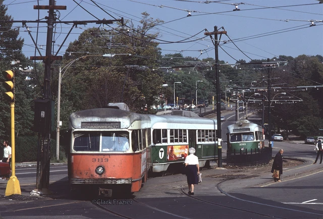MBTA 3113 & 3008 turn left onto Chestnut Hill Ave 1979 Original Kodachrome Slide