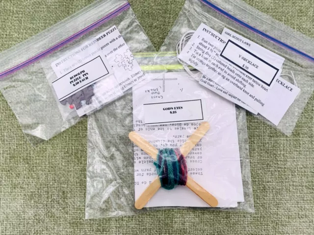 3 Pre Packaged Girl Scout Crafts - God's Eye, Rudolph Puzzle Pin, Y-Necklace NIP