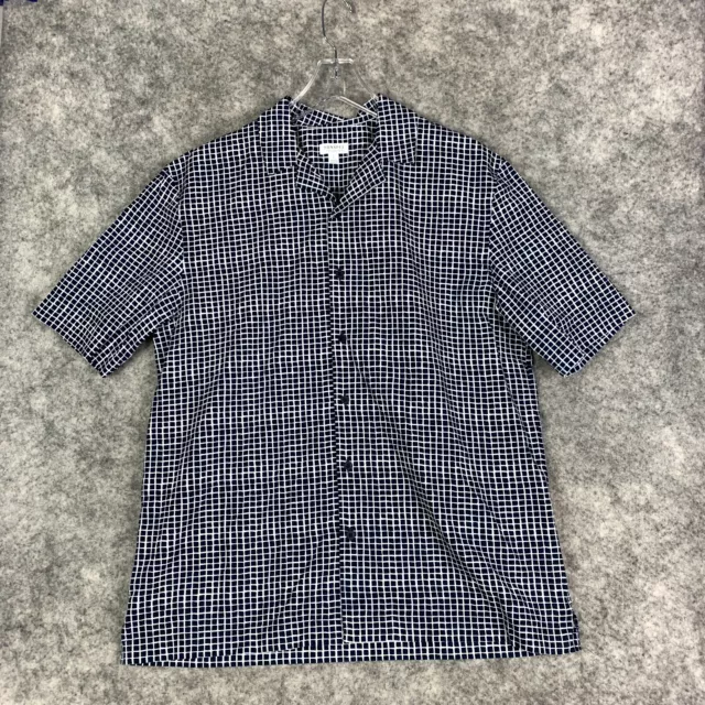 Sunspel Camp Shirt Mens Large Check Short Sleeve Shibori Grid Navy $163 EUC