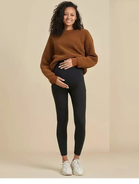 POSHDIVAH Women's Maternity Fleece Lined Leggings Over The Belly Black Small