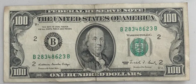$100 ONE HUNDRED DOLLAR BILL - Old / Vintage 1988 Series - B District