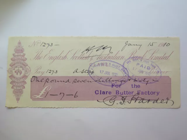 1910 English Scottish & Australian Bank Clare Branch Cheque Used & Cancelled