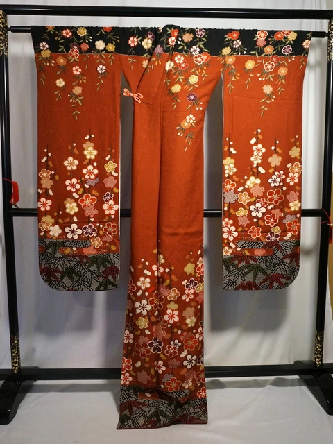 Japanese kimono SILK"FURISODE" long sleeves, Gold leaf, Bamboo, Plum, L67",1509