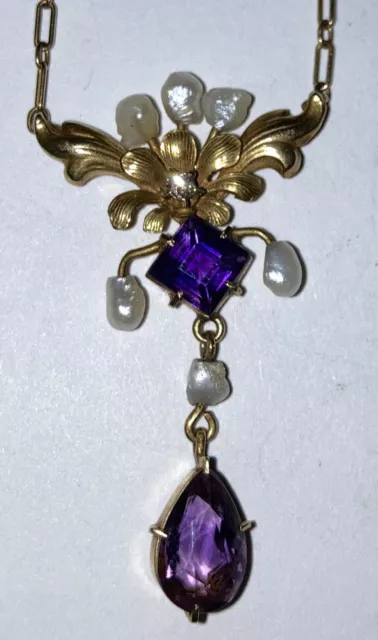 Beauty 14k Gold Antique Victorian Art Nouveau Flower Diamond Amethyst Necklace