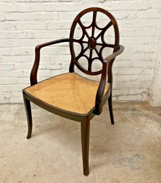 Antique Style Mahogany & Cane Oval Back Armchair Elbow Chair (Can Deliver)