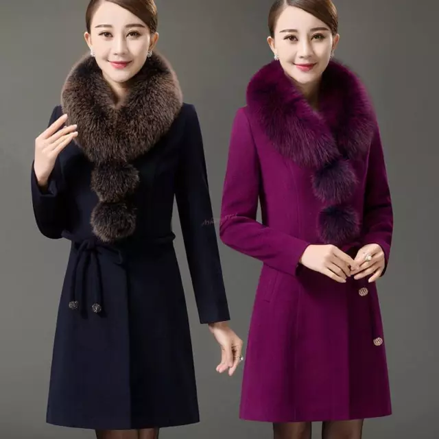 Winter Womens Faux Fur Collar Cashmere Wool Trench Coats Long Jackets Overcoat