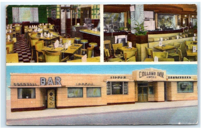 FLINT, MI Michigan ~ Roadside HOTEL COLLEGE INN & BAR c1950s Linen Postcard