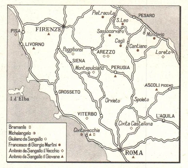 Italia, Opere militari architetti Rinascimento, Mappa epoca F3894, Vintage map