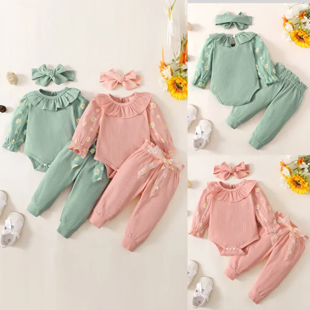 Newborn Baby Girls Outfits Ruffle Ribbed Romper Tops+Pants Floral Clothes Sets