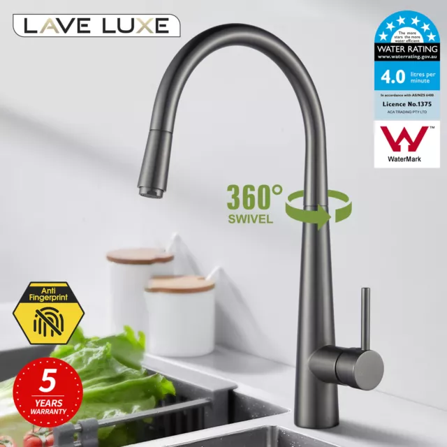 Lave Luxe Swivel Kitchen Sink Faucet Brushed Gun Metal Grey Pull Out Mixer Tap