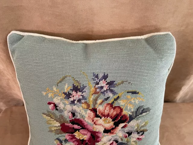 13 x 14" Vintage Needlepoint Pillow Bouquet flowers blue green floral throw rose 2