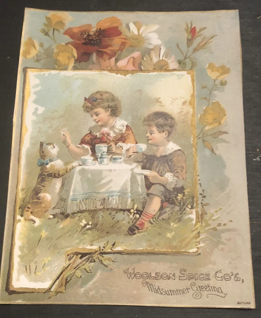 1800’s  VICTORIAN TRADE  WOOLSON SPICE LION COFFEE Children Feeding Cat- Bufford