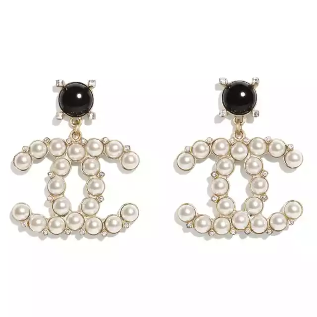 CHANEL 21A GOLD Black Crystal Pearl CC Logo Large Dangle Drop Statement  Earrings $1,797.75 - PicClick