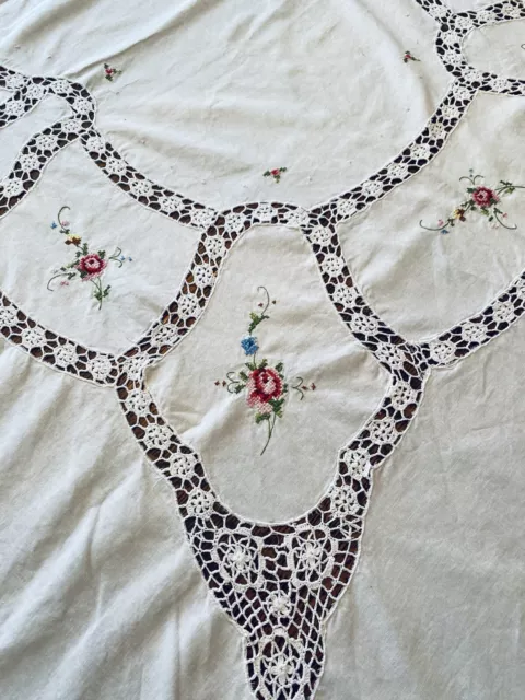 Vintage Hand Embroidered Tablecloth Crochet Cutwork Floral Cross Stitch 82”x 60”