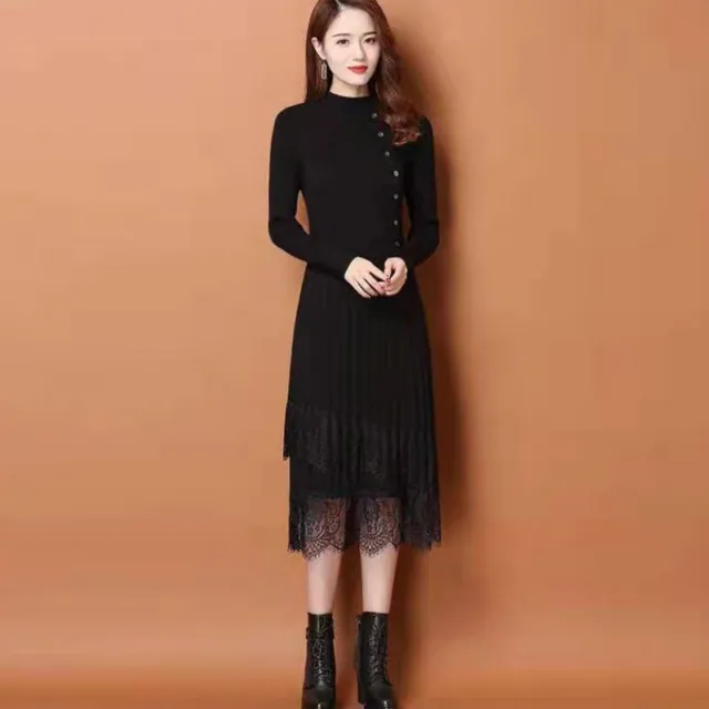Lady Jumper Dress Knitted Long Sleeve Lace Trim Knitwear Midi Casual Autumn Warm