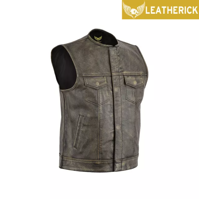 Leatherick Men SOA Anarchy Real Leather Waistcoat Motorcycle Biker Cut off  Vest