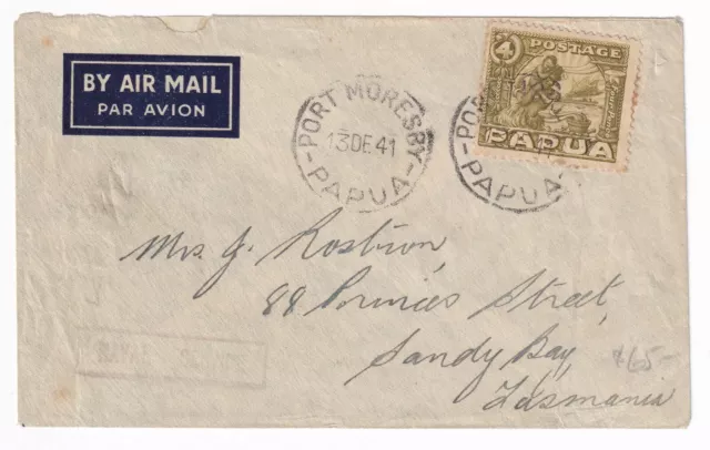 PNG1802) Papua 1941 Airmail cover to Tas with 1932 Pictorials 4d (perf toning)