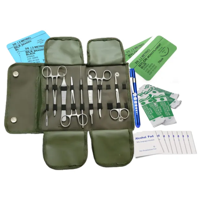 32Pc Army Surgical Kit - Sutures, Scalpel, Hemostat - Green - Military First Aid
