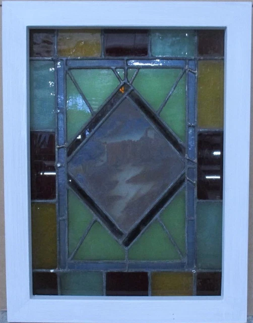 OLD ENGLISH LEADED STAINED GLASS WINDOW Hand Painted Castle 15" x 20" 3