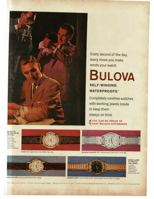 1959 Bulova Watches Men's Self-Winding Waterproof 23 Clipper Vintage Print Ad