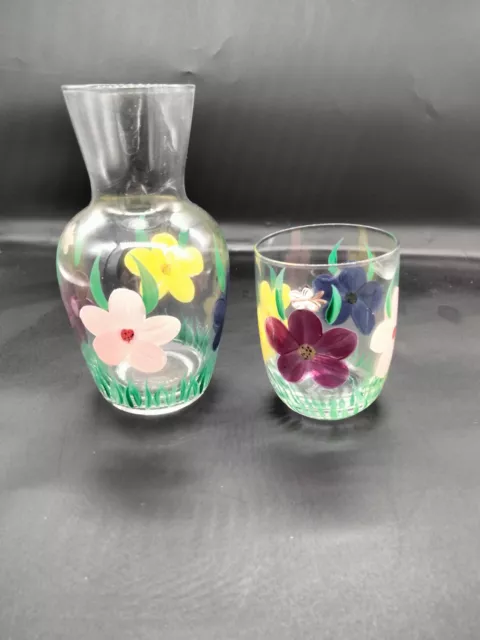 Vintage Tumble Up Hand Painted Multicolored Pansy Bedside Glass Carafe & Tumbler