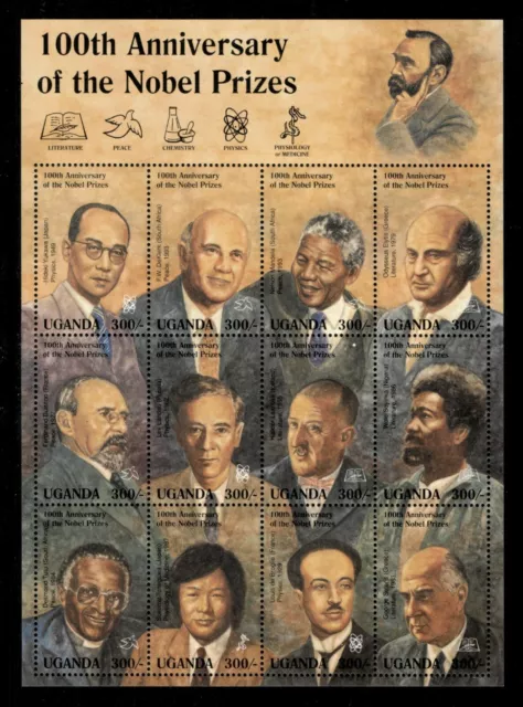Uganda 1995 - 100TH ANNIVERSARY NOBEL PRIZE - Sheet of 12 stamps - MNH