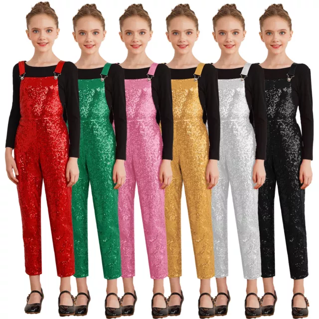 Kids Girls Leotard Christmas Overalls Sparkly Jumpsuits Disco Suspender Pants