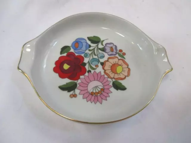 Kalocsa Hungary Handpainted Small Handled Dish Floral w/Gold Trim #0085 XVK