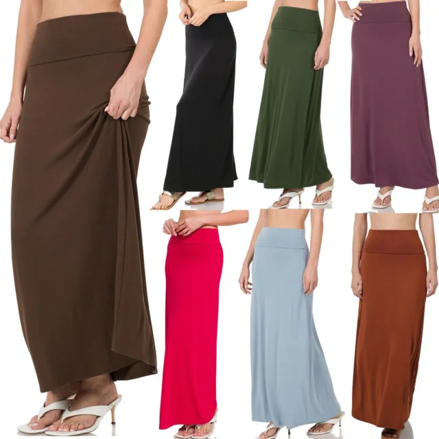 Womens Maxi Skirt Solid Long Full Length High Waisted Stretch Fold Over Waist