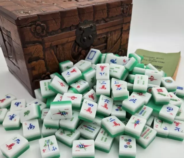 Vintage Mahjong Set 148 Tiles White Green Lucite in Hand Carved Camphor Wood Box