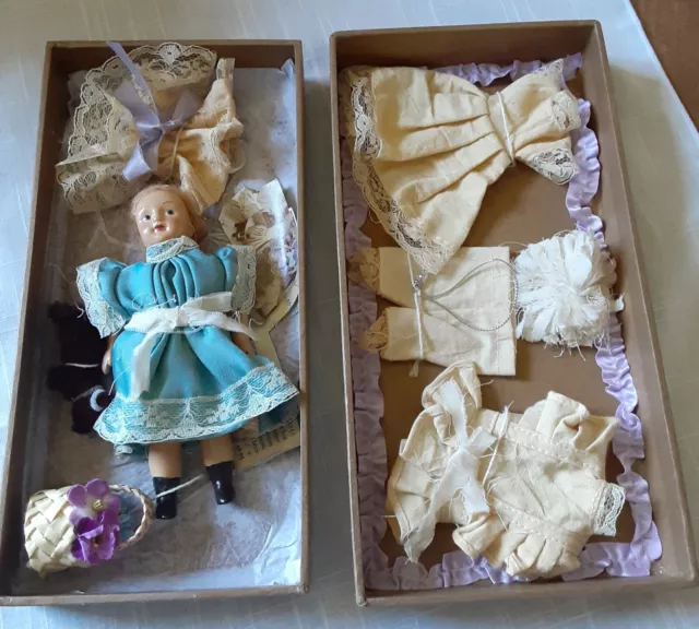 LA SAMARITAINE VTG Doll w clothes + Dog + basket 1920's presentation box bisque