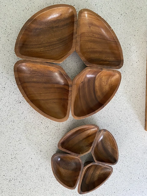 Vintage Carved Wood Wooden Bowl set Monkey Pod Wood Serving Appetizer Dish Bowl