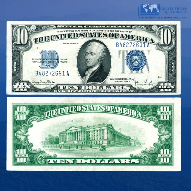 1934D $10 Ten Dollars Silver Certificate Blue Seal, AU #72691