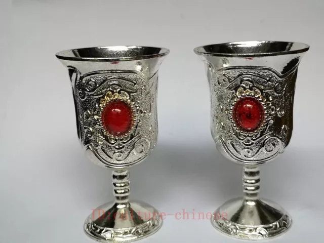 Chinese Tibet Silver Hand-made Inlay Jewelry Flower Drink Bowl Cup a pair