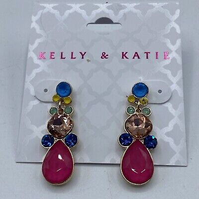 Kelly & Katie Gold Tone Colorful Gem Drop Dangle Post Earrings NWT