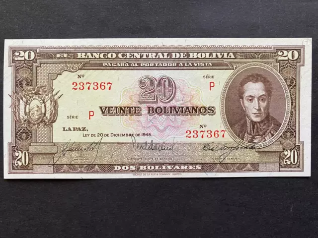 BOLIVIA, 1945, Billete Banco Central de Bolivia, VEINTE BOLIVIANOS, Serie P, Cir