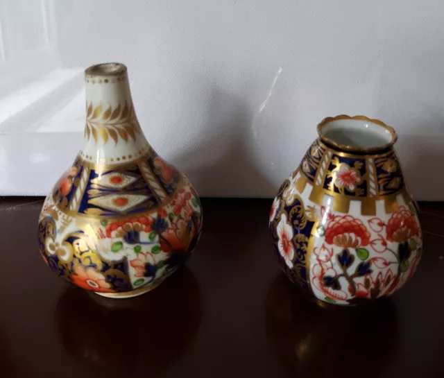 Pair Royal Crown Derby Imari Miniature Vases One 1800 And Other 1918 Era