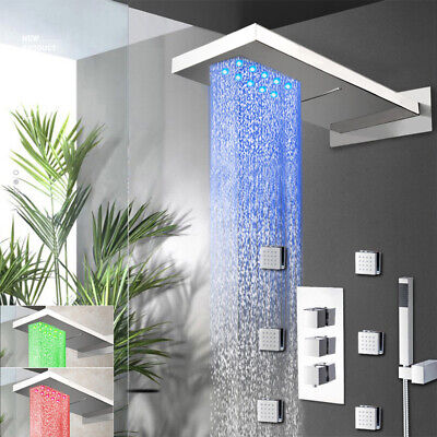 22"LED Chrome Rainfall Shower Faucet Set 6 Body Massage Spray Jets Mixer Tap Kit