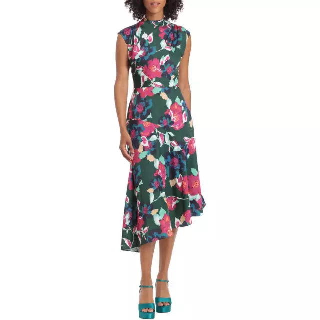 Maggy London Womens Green Floral Asymmetric Dressy Midi Dress 4 BHFO 6761